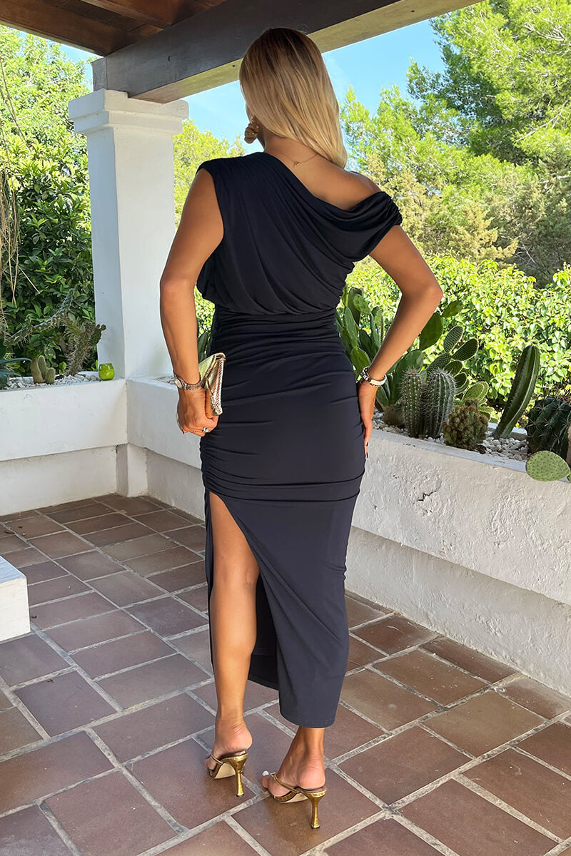 Navy Draped Shoulder Dress
